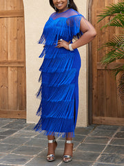 Plus Size Mesh Side Slit Tassel Fringe Dress