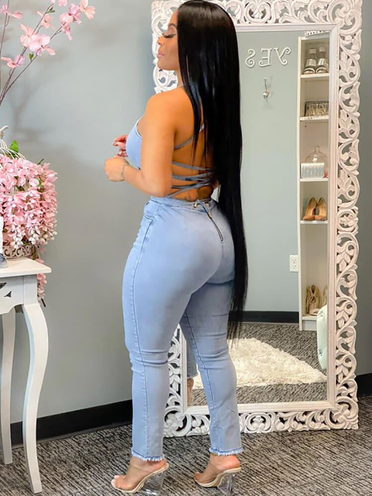 Halter Lace-Up Denim Jumpsuit