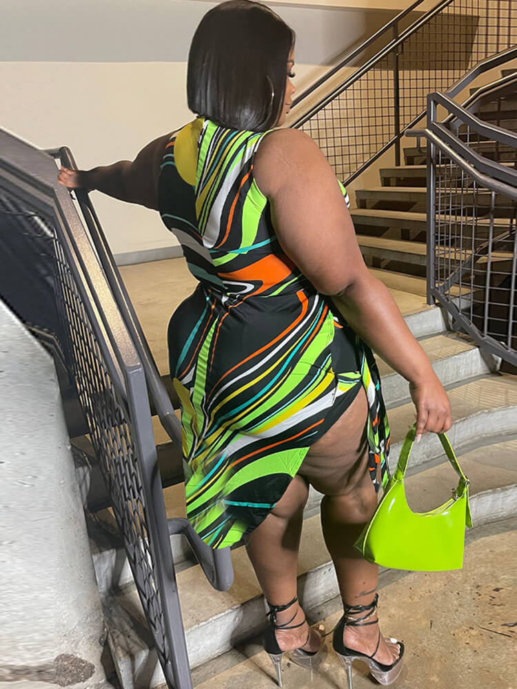 Sleeveless Striped Print Asymmetrical Mini Dress