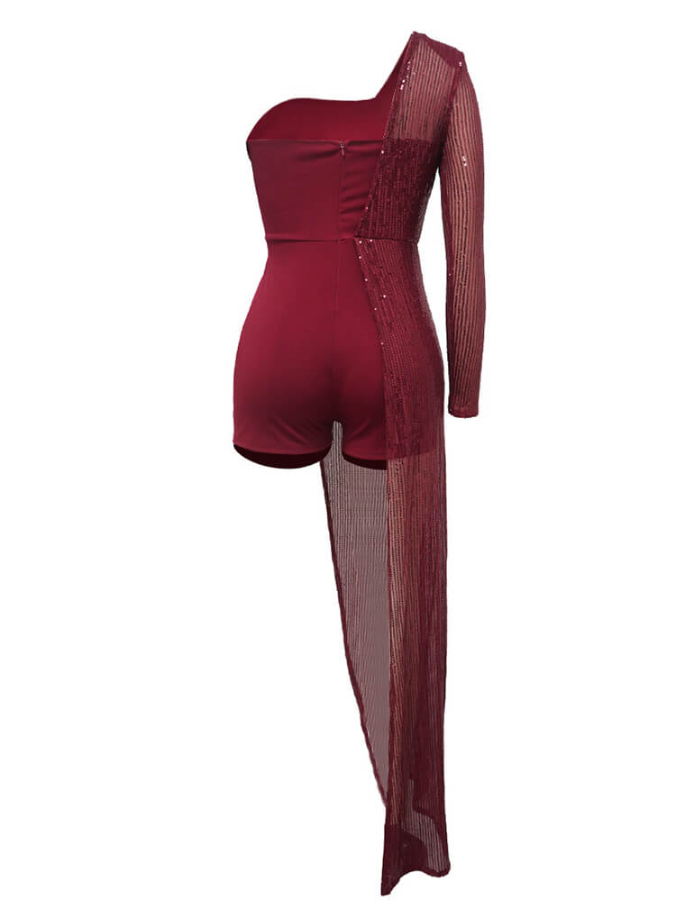 One Shoulder Sequin Patchwork Bodycon Romper