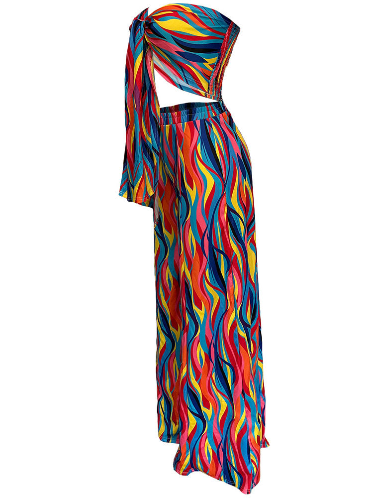 Two Piece Colorful Tube Top Wide Leg Pants