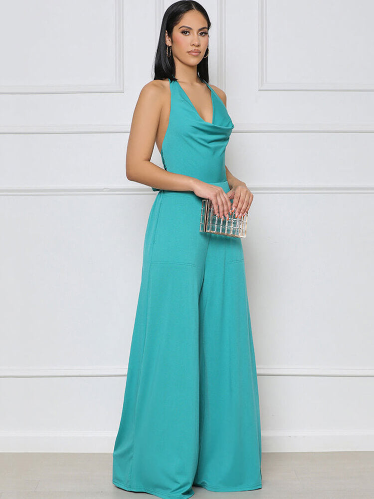 Halter Neck Backless Lace Up Wide Leg Jumpsuit