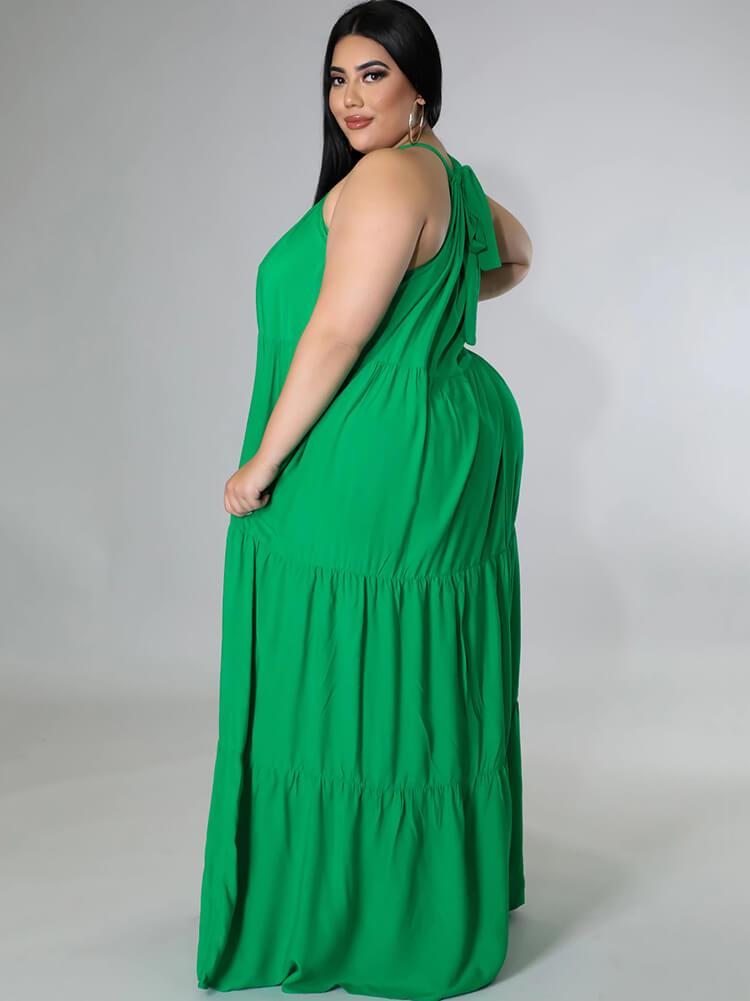 Halter Neck Sleeveless Lace Up Ruffle Swing Maxi Dress