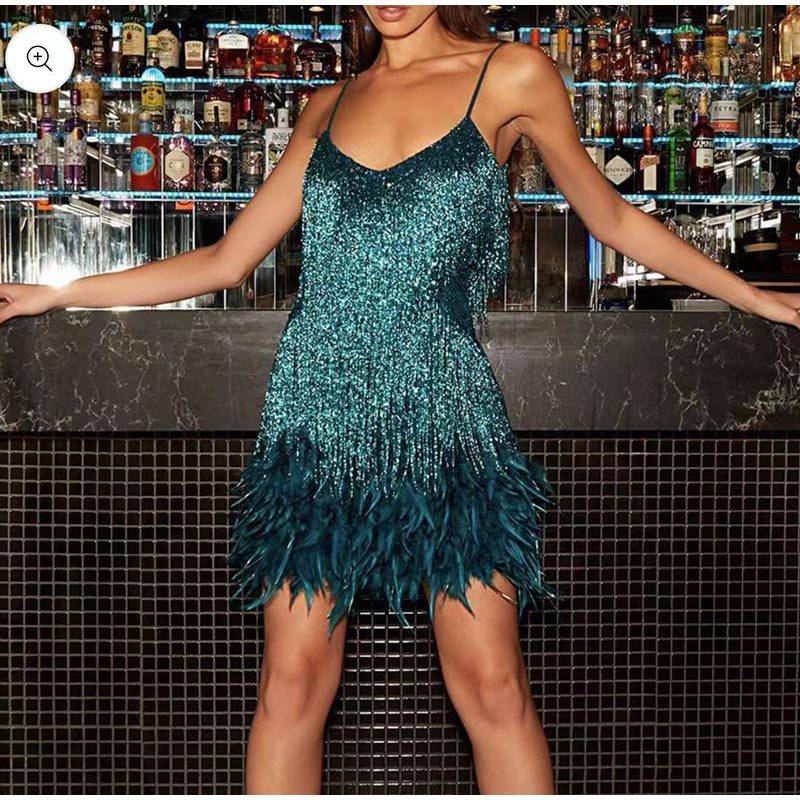 Sleeveless Tassels Sequins Feather Hem Mini Dress