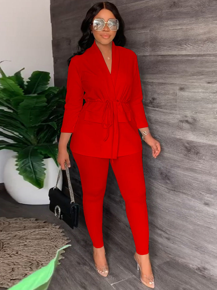 Two Piece Drawstring Blazer Bodycon Long Pants