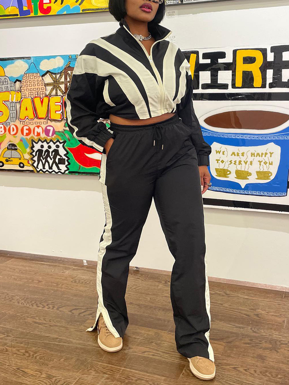 Patchwork Crop Top & High Waist Two-Piece Set