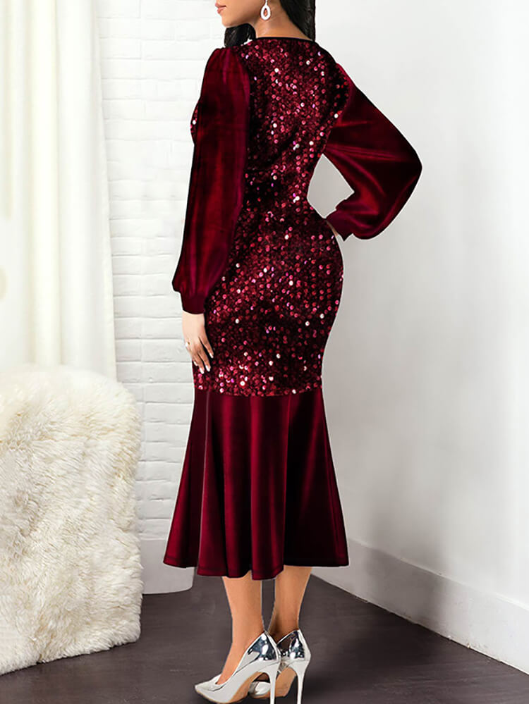 Lantern Sleeve Sequin Patchwork Midi Dress