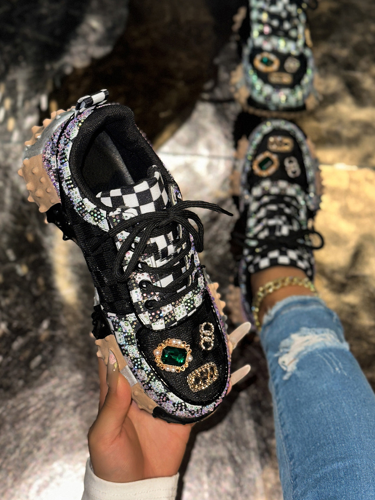 Rhinestone Mesh Chunky Sneakers