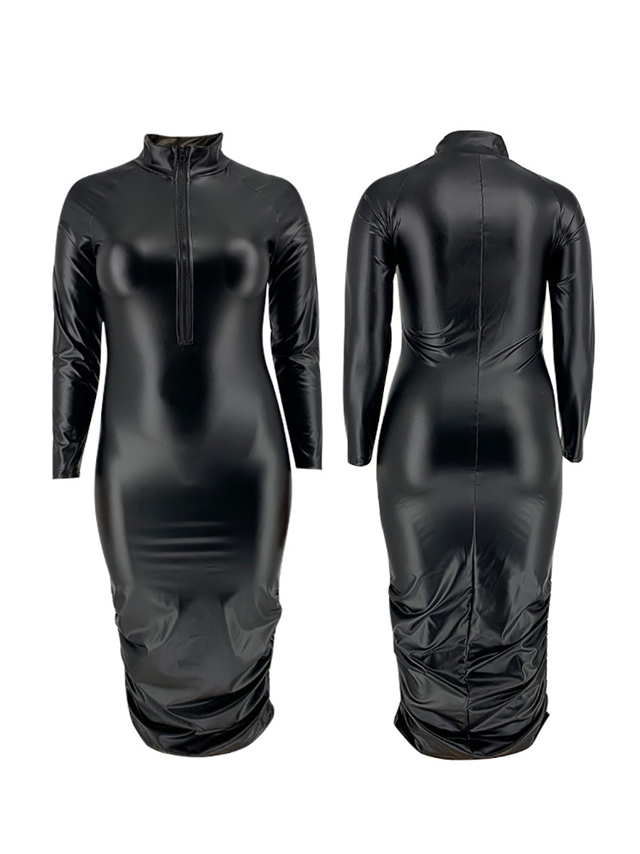 Plus Size Long Sleeve Zipper PU Dress