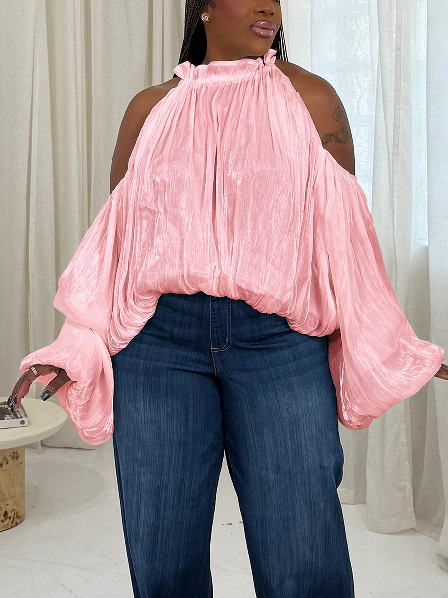 Off Shoulder Organza Lantern Sleeve Blouse