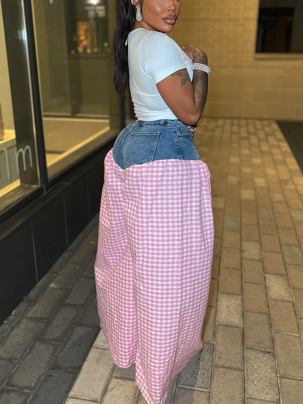 Bow Tie Print Top Denim Plaid Wide-Leg Pants Sets