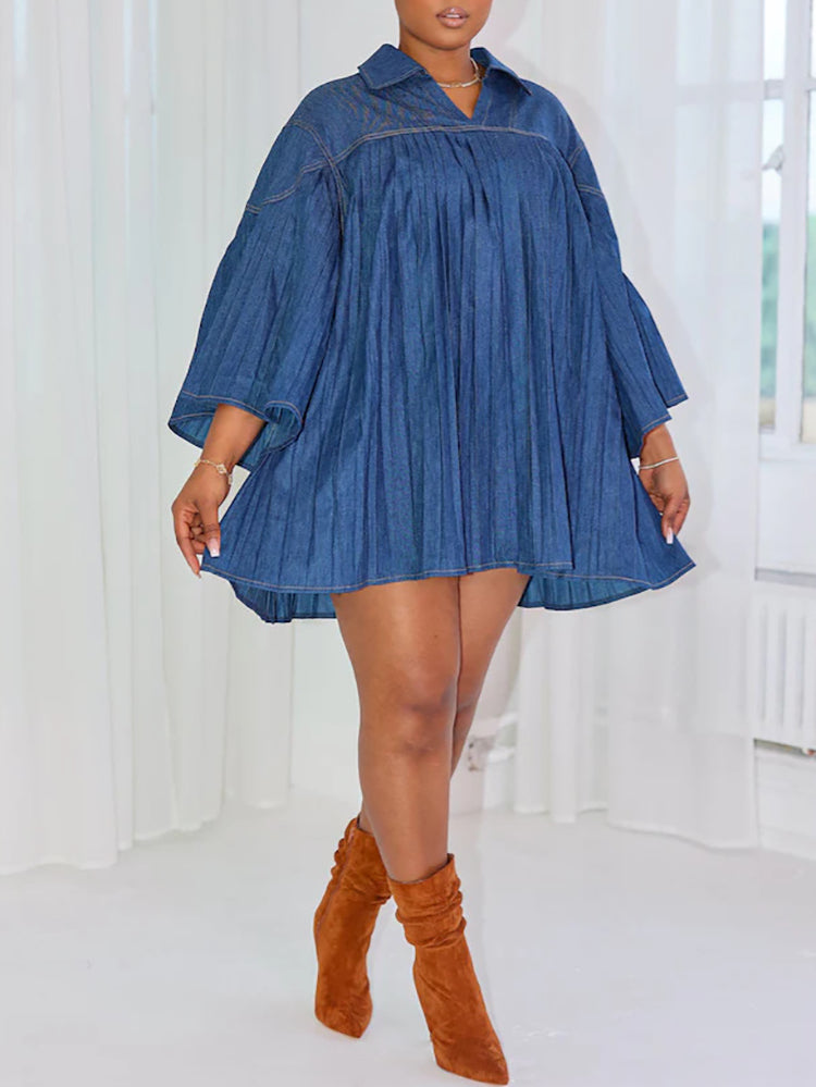 Oversized Denim Pleated A-Line Shirt Dress