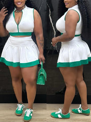 Sleeveless Zip-Up Crop Top Pleated Skirt Set