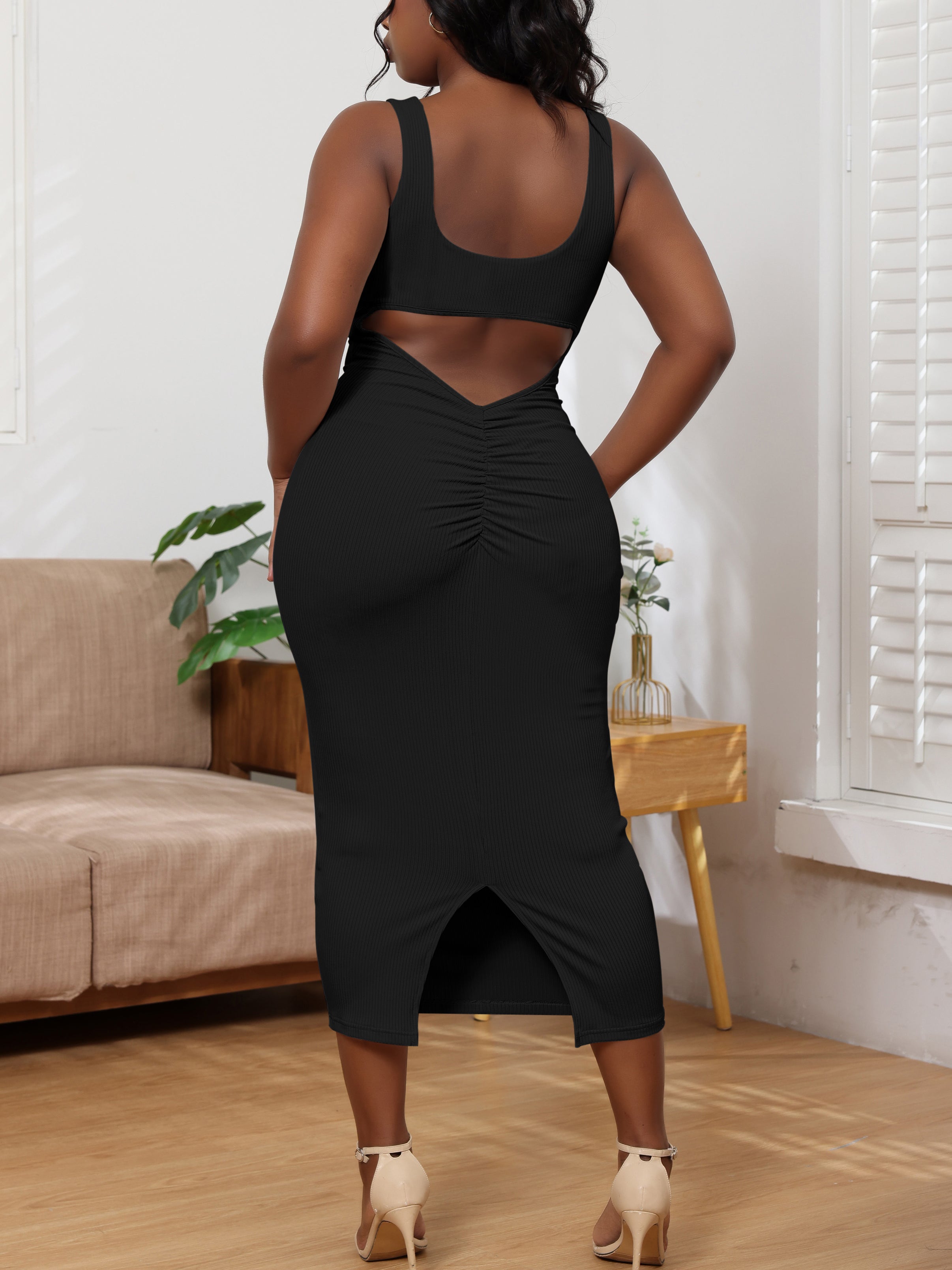 Solid Color Ribbed Sleeveless Cami Maxi Dress