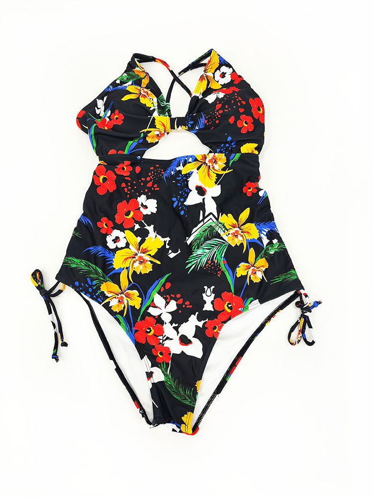 Plus Size Floral Print Backless Swimsuit