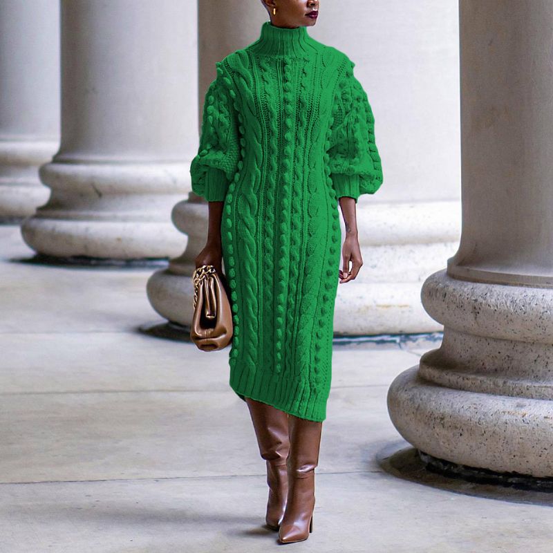 High Collar Slit knit Midi Dress