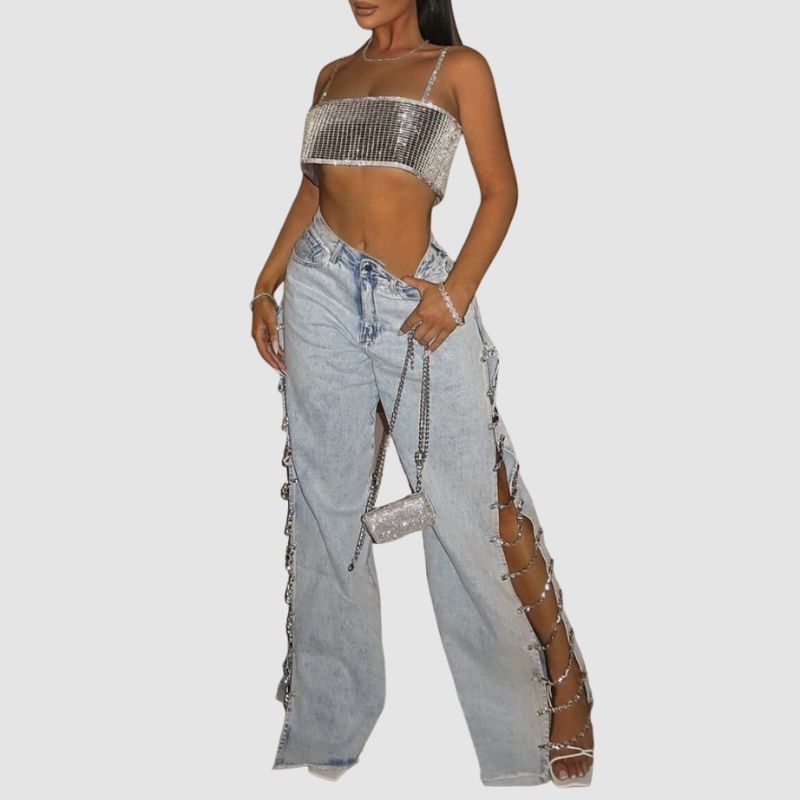 Chain Hollow-out Denim Jeans
