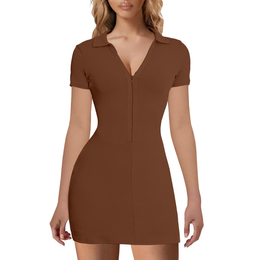 V-Neck Ribbed Striped Zipper Solid Color Mini Dress