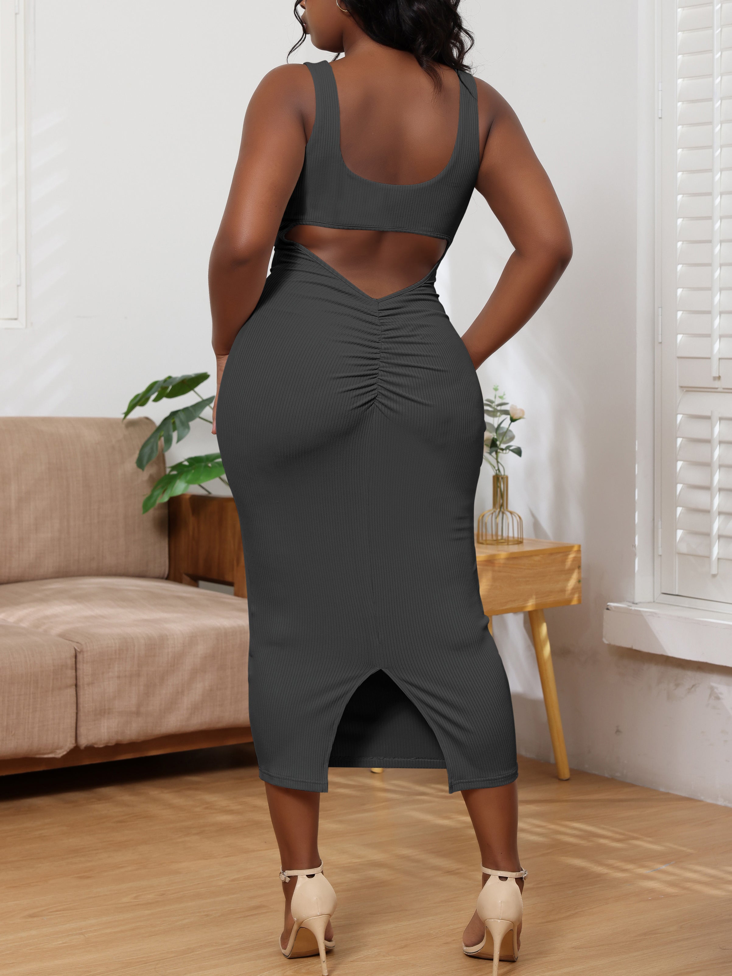 Solid Color Ribbed Sleeveless Cami Maxi Dress