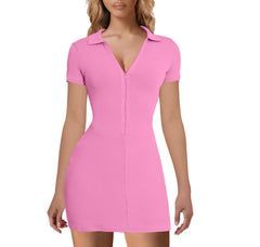 V-Neck Ribbed Striped Zipper Solid Color Mini Dress
