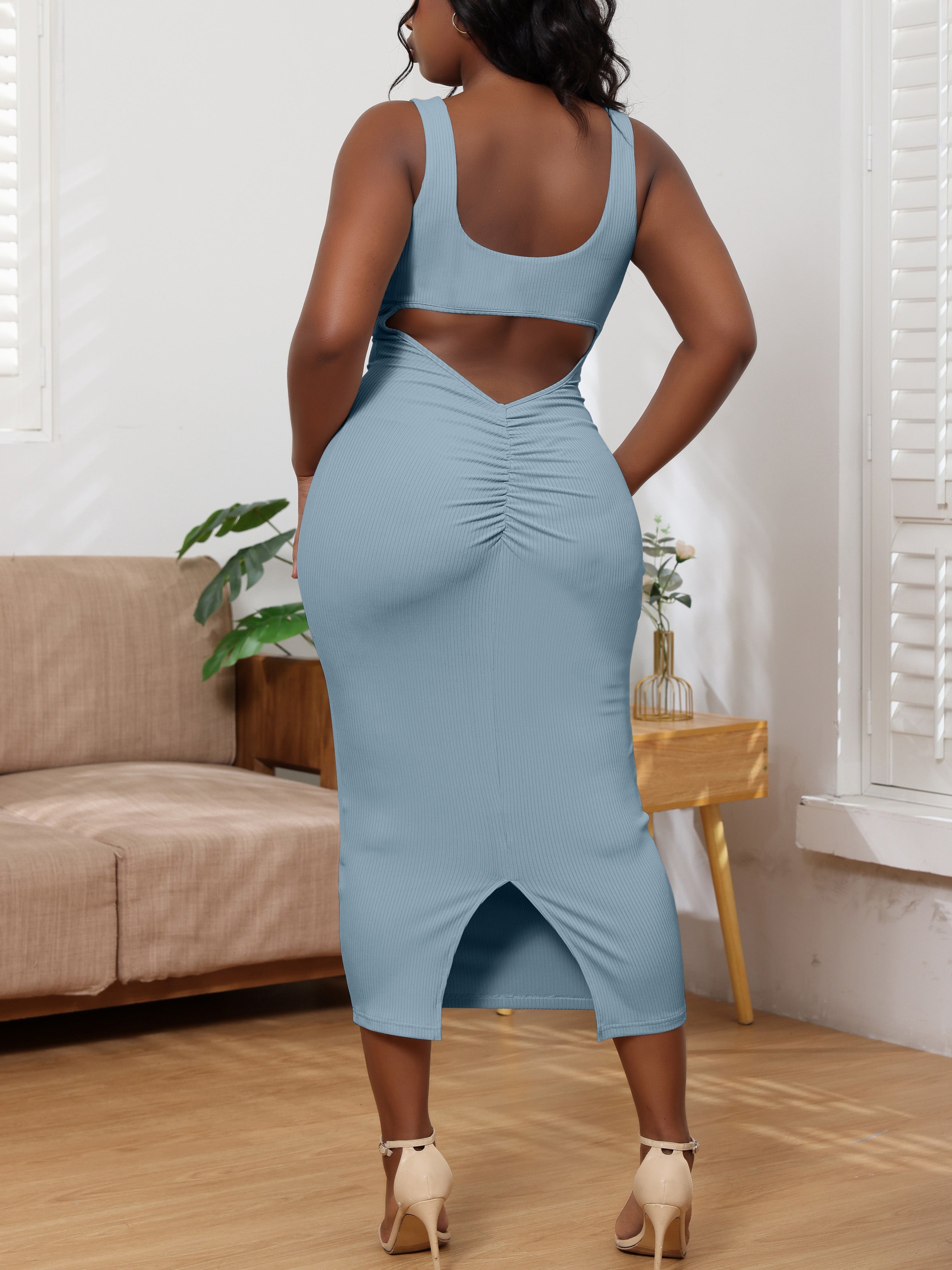 Solid Color Ribbed Sleeveless Cami Maxi Dress