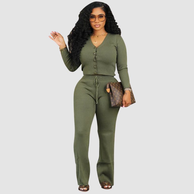 V-neck Crop Top Drawstring Knit Pant set