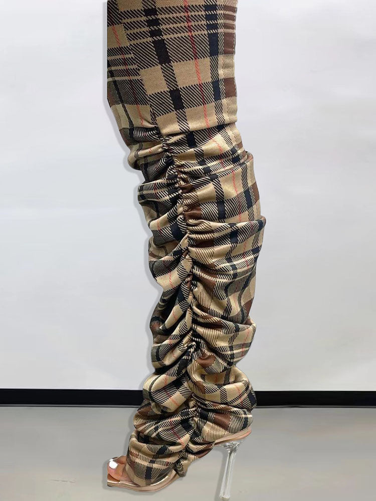 Long Sleeves Plaid Print Zipper Jumpsuit