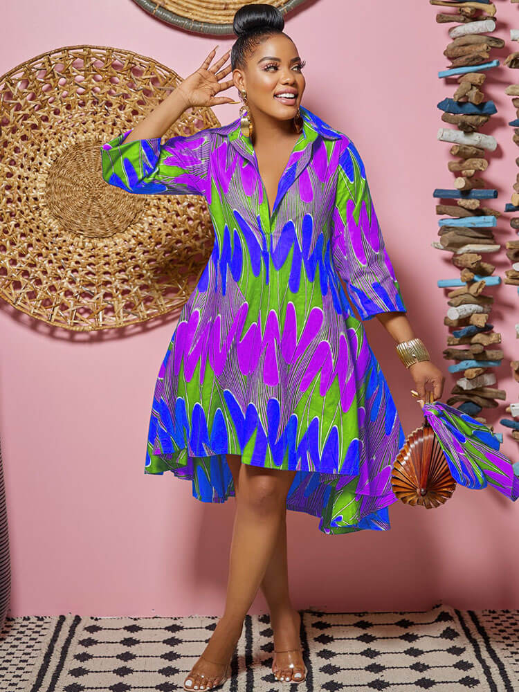 Long Sleeves Figure Print Midi Shirt Dress