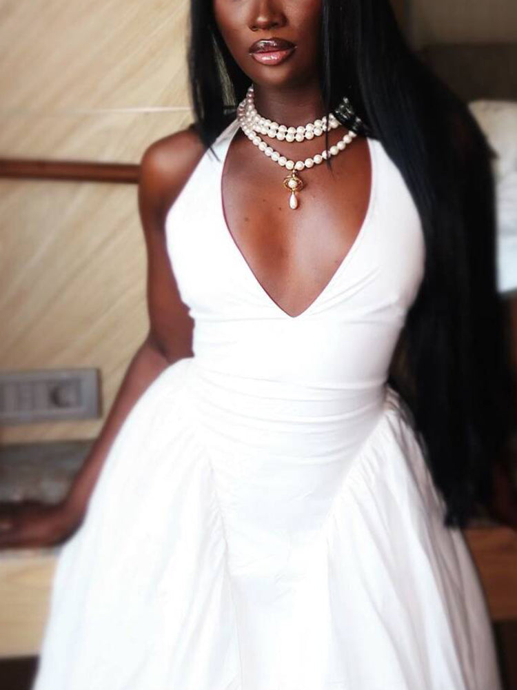 Elegant Halter Neck Solid Color Dress