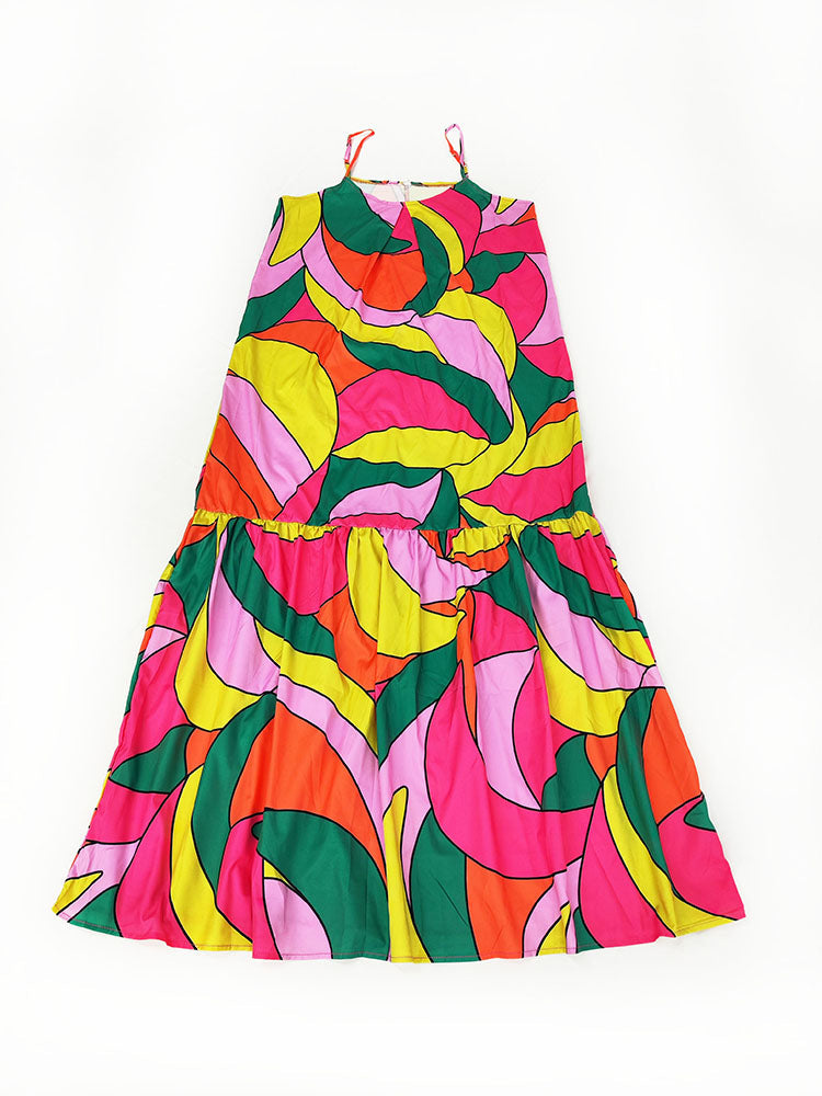 V Neck Backless Spaghetti Strap Printed Maxi Dress