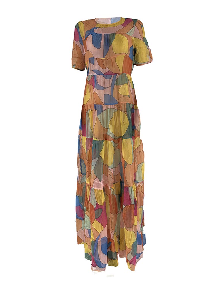 Mesh Short Sleeve Print Flowy Maxi Dress