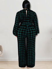 Long Sleeve Plaid Print Wide Leg Jumpsuit
