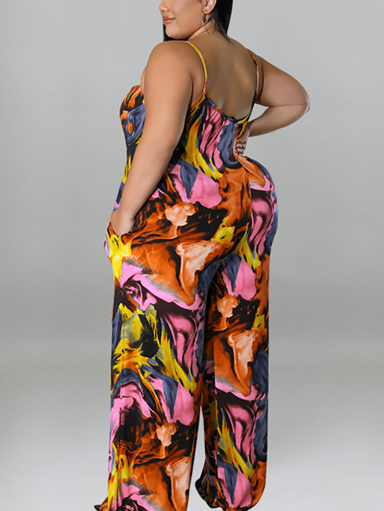 Plus Size Floral Print Strap Jumpsuit with Belt