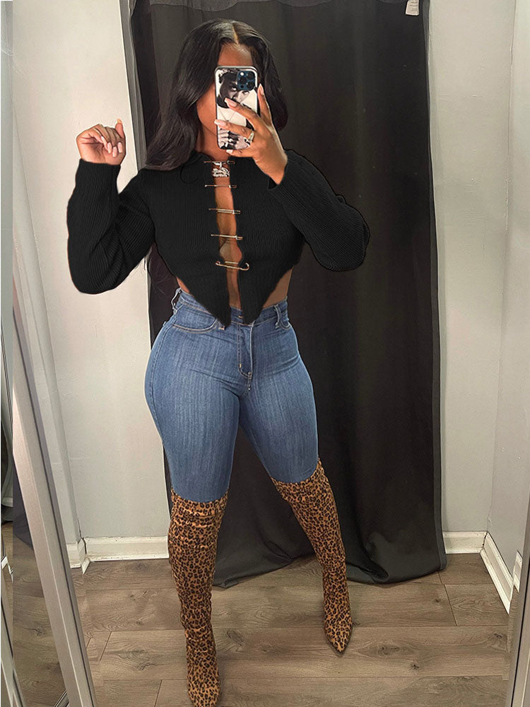 Long Sleeve Knit Pin Chain Crop Top