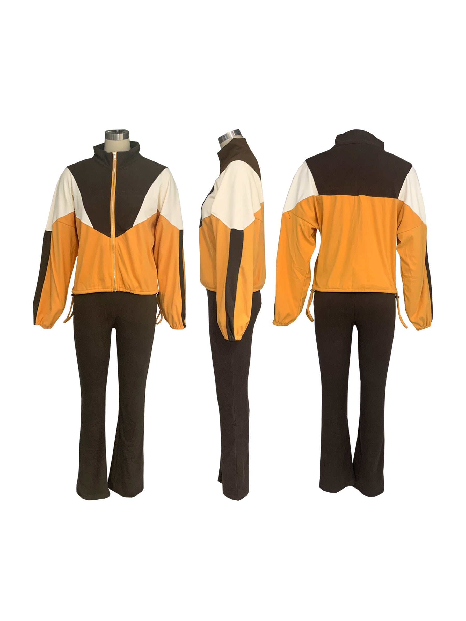 Color Block Zipper Cardigan and Tights Sports Set