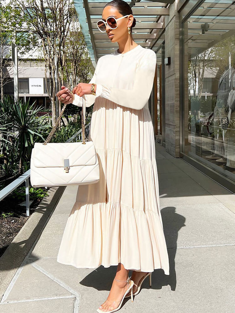 Long Sleeve Solid Ruffle Swing Maxi Dress