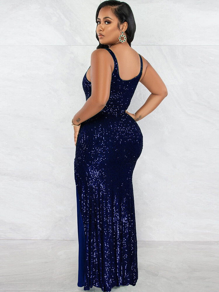 Sequin Sleevelesss Split Bodycon Maxi Dress
