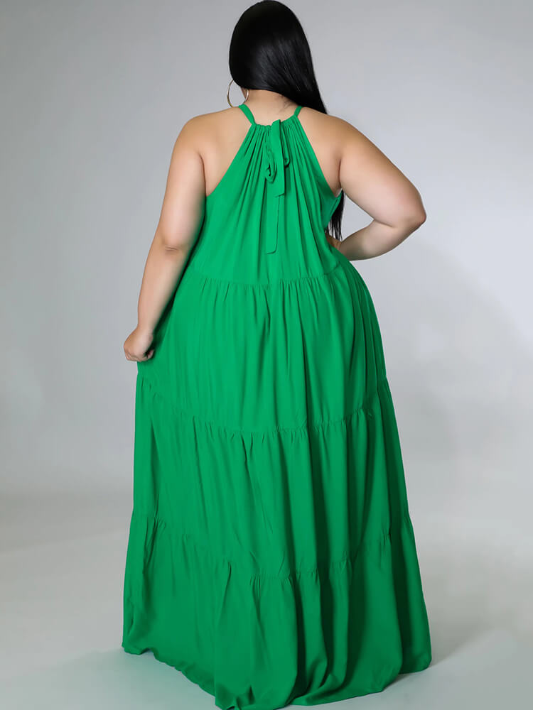 Halter Neck Sleeveless Lace Up Ruffle Swing Maxi Dress