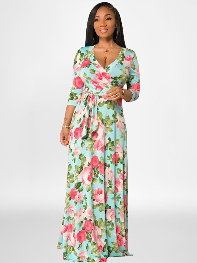 Plus Size Long Sleeves Floral Print Maxi Dress
