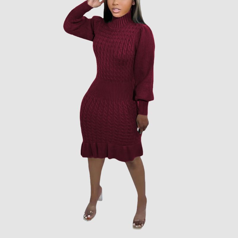 Ruffled Knitted Turtleneck Dress