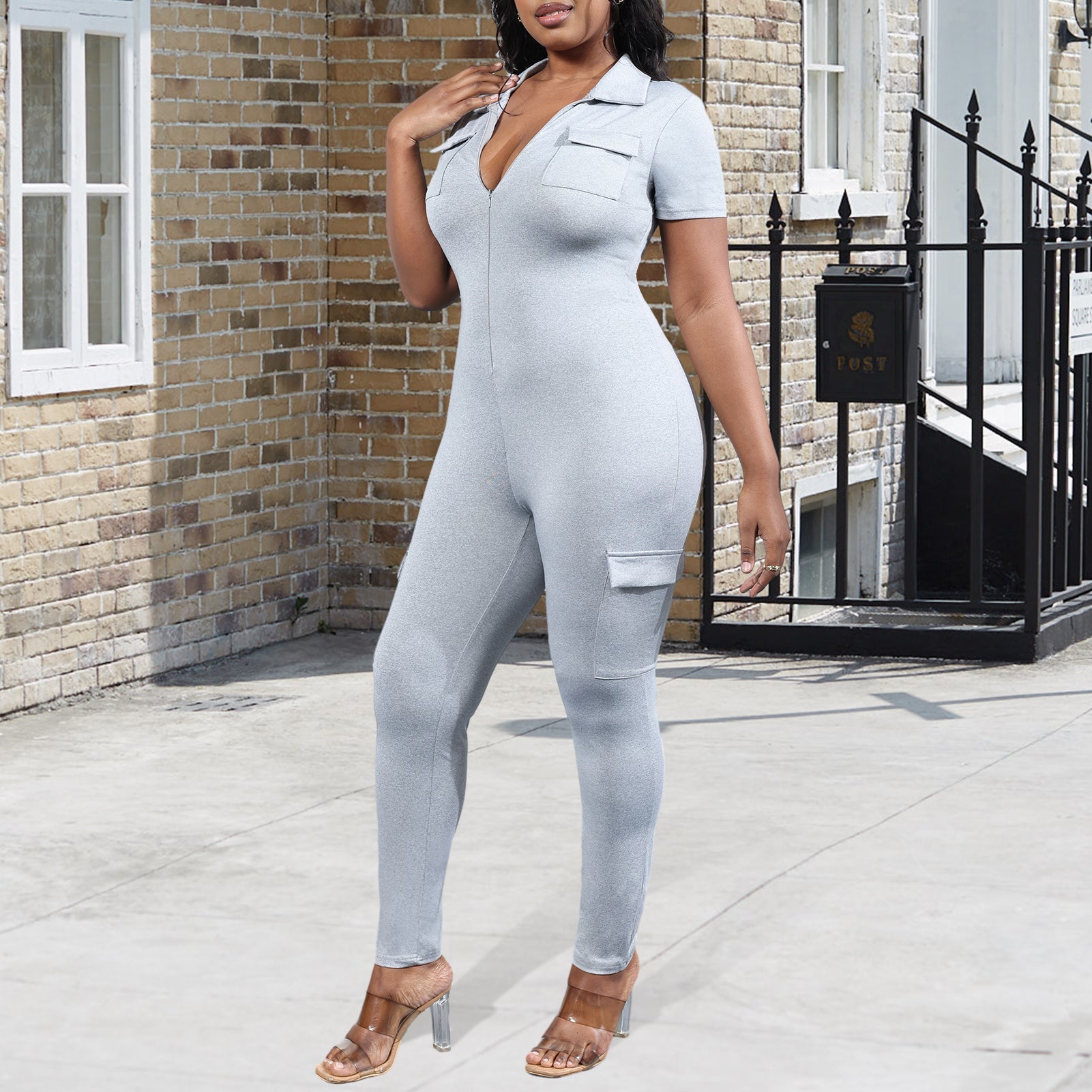 V-Neck Solid Color Bodycon Jumpsuit