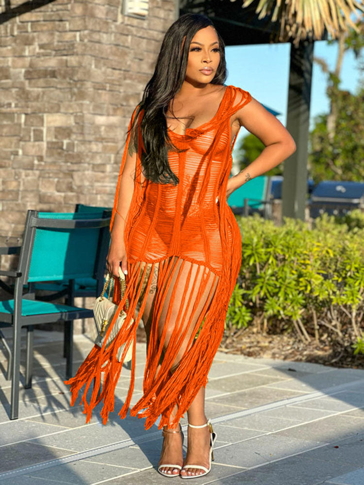 Tassel Hollow Out Fringed Beach Maxi Dress