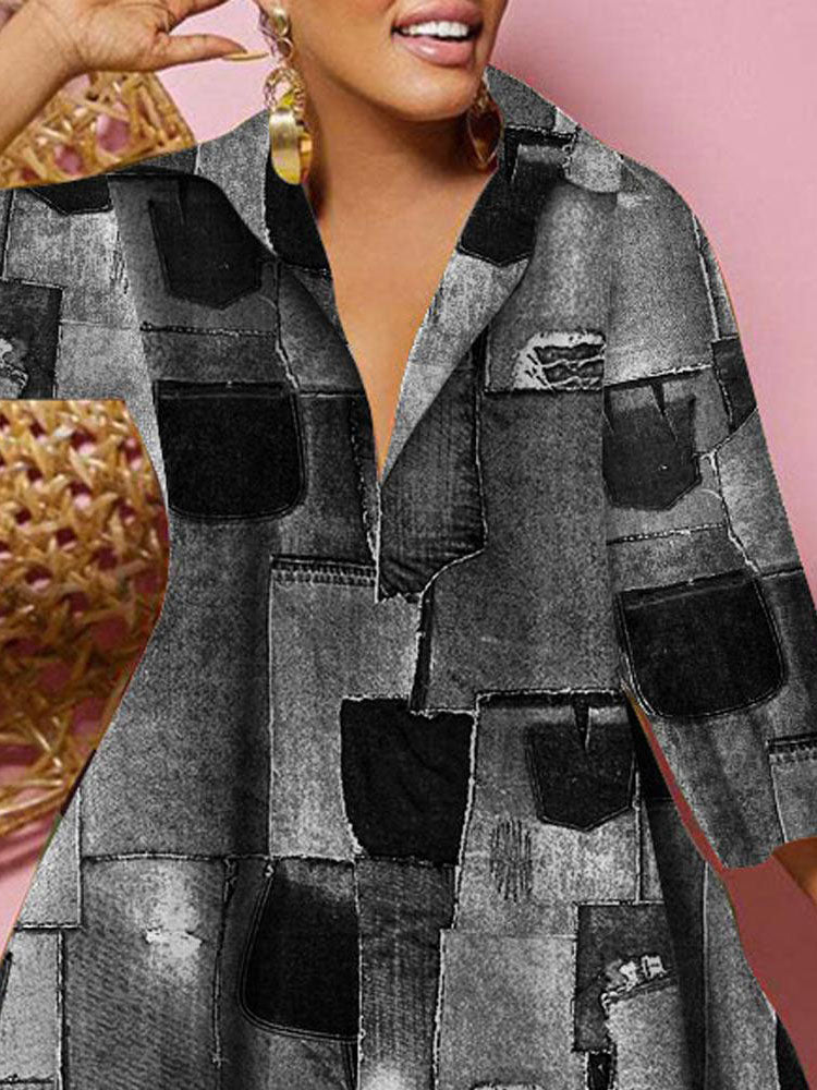 Long Sleeves V Neck Print Midi Dress