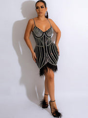 Spaghetti Strap Rhinestone Feather Mini Dress