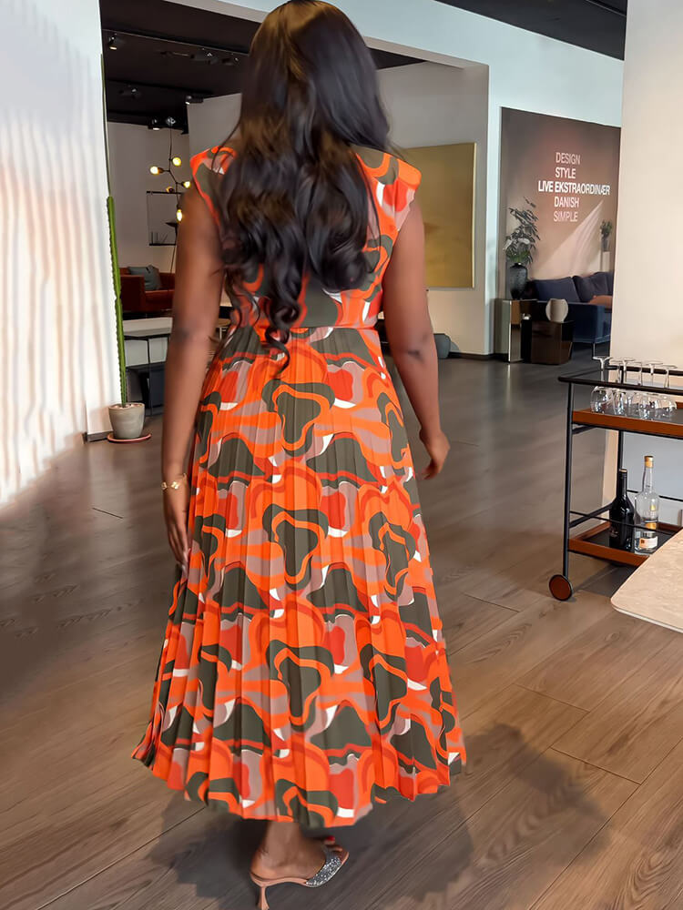 Sleeveless Printed Pleated Bodycon Maxi Dress