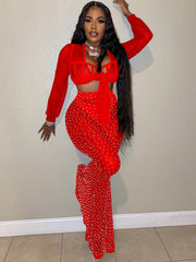 Three Piece Tie Front Crop Top Flare Pants