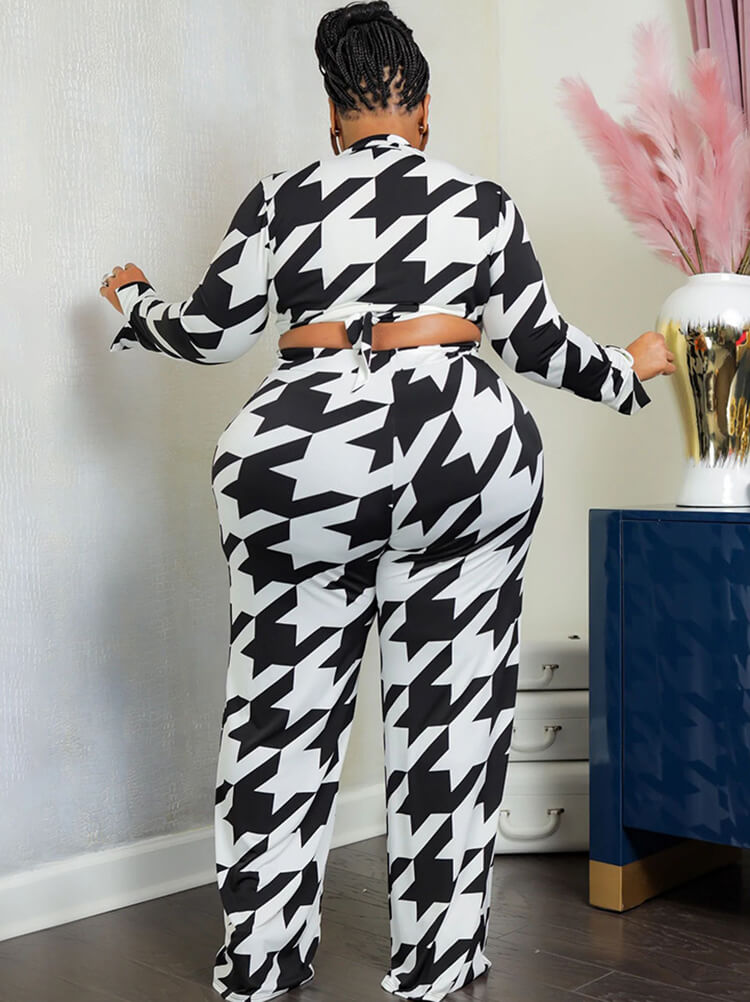 Two Piece Long Sleeve Houndstooth Top Pants
