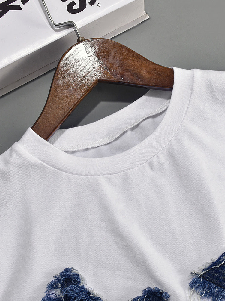 Patchwork Star Cropped Round Neck T-Shirt