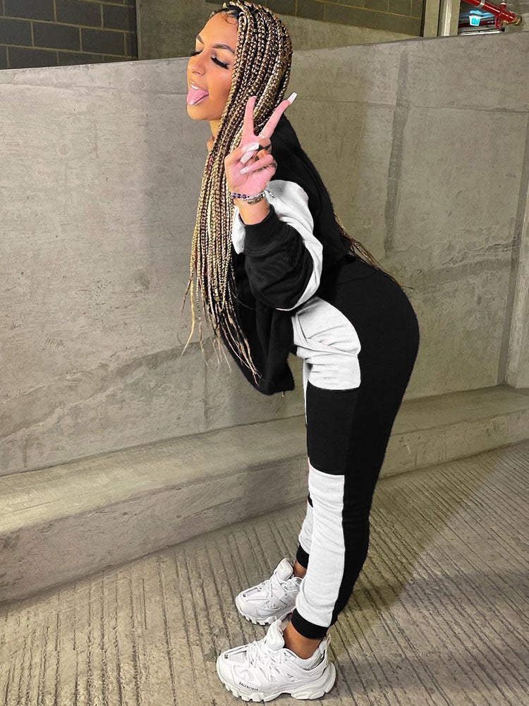 Two Piece Color Block Fleece Pullover Long Pants