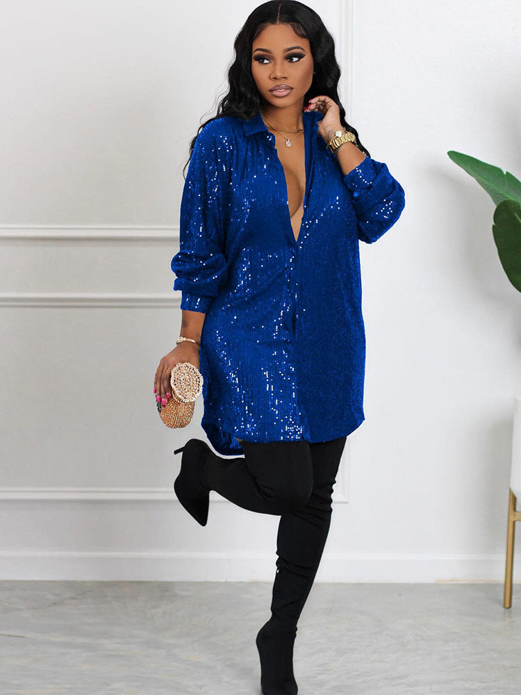 Glitter Sequins Long Sleeve Mini Shirt Dress